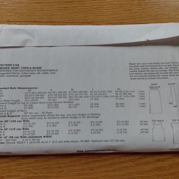 Vintage Tops & Skirts Sewing Pattern XS-XL UNCUT Kwik Sew 3139 Easy - Picture 7 of 10